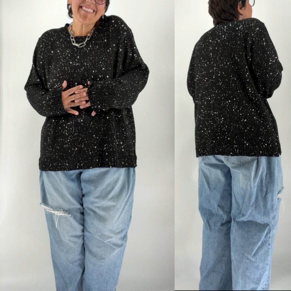 Vintage Salon Studio starry night sequin knit fisherman sweater plus size 4X alt